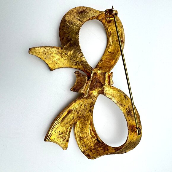 Brooch Pin Gold Tone Bow Vintage Textured Metal 2 4gram Elegant - Picture 5 of 8